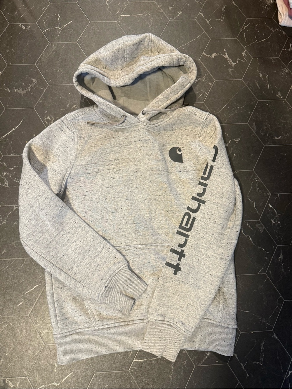 Carhartt Men’s Light Gray Hooded Pullover with Sleeve Logo
